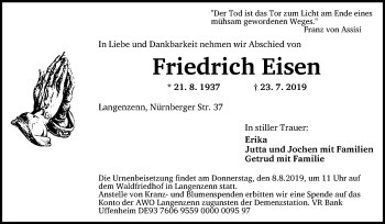 Traueranzeige von Friedrich Eisen von Neustadt/ Scheinfeld/ Uffenheim