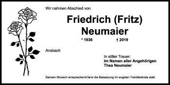 Traueranzeige von Friedrich Neumair von Ansbach