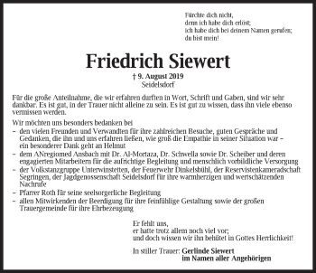 Traueranzeige von Friedrich Siewert von Rothenburg (Fränkischer Anzeiger)