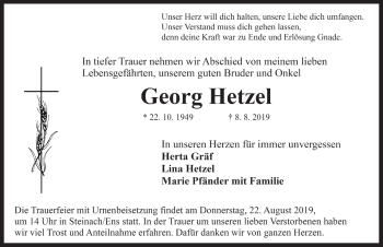 Traueranzeige von Georg Hetzel von Rothenburg