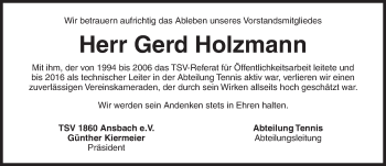 Traueranzeige von Gerd Holzmann von Ansbach