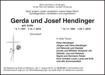 Traueranzeige von Gerda Hendinger von Dinkelsbühl/ Feuchtwangen