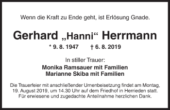 Traueranzeige von Gerhard Herrmann von Ansbach