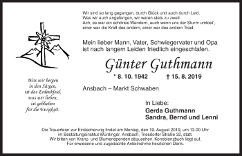 Traueranzeige von Günter Guthmann von Ansbach