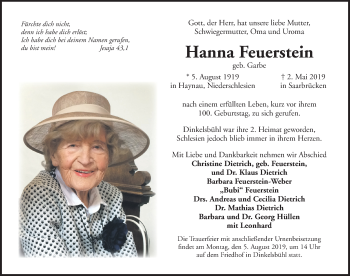 Traueranzeige von Hanna Feuerstein von Dinkelsbühl/ Feuchtwangen