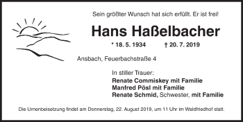 Traueranzeige von Hans Haßelbacher von Ansbach