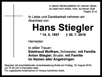 Traueranzeige von Hans Stiegler von Dinkelsbühl/ Feuchtwangen
