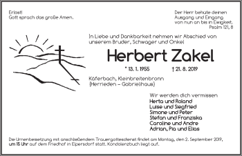 Traueranzeige von Herbert Zakel von Ansbach