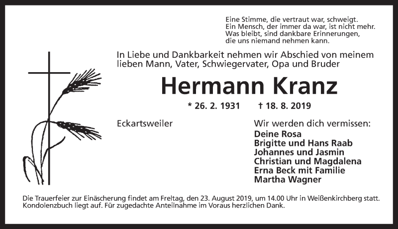  Traueranzeige für Hermann Kranz vom 22.08.2019 aus Ansbach
