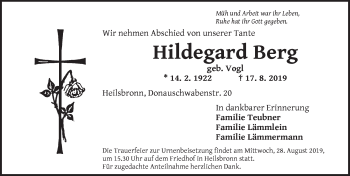 Traueranzeige von Hildegard Berg von Ansbach