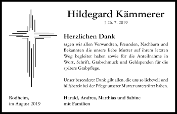 Traueranzeige von Hildegard Kämmerer von Neustadt/ Scheinfeld/ Uffenheim