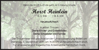 Traueranzeige von Horst Heinlein von Neustadt/ Scheinfeld/ Uffenheim