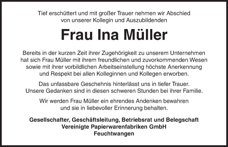  Traueranzeige für Ina Müller vom 24.08.2019 aus Gesamtausgabe