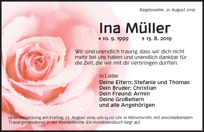  Traueranzeige für Ina Müller vom 21.08.2019 aus Dinkelsbühl/ Feuchtwangen