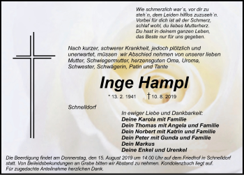 Traueranzeige von Inge Hampl von Dinkelsbühl/ Feuchtwangen