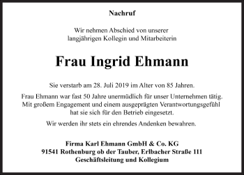 Traueranzeige von Ingrid Ehmann von Rothenburg