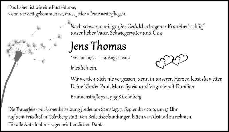  Traueranzeige für Jens Thomas vom 24.08.2019 aus Neustadt/ Scheinfeld/ Uffenheim