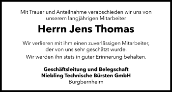 Traueranzeige von Jens Thomas von Neustadt/ Scheinfeld/ Uffenheim