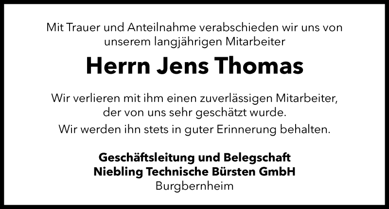  Traueranzeige für Jens Thomas vom 24.08.2019 aus Neustadt/ Scheinfeld/ Uffenheim