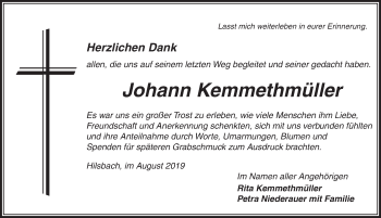 Traueranzeige von Johann Kemmethmüller von Dinkelsbühl/ Feuchtwangen