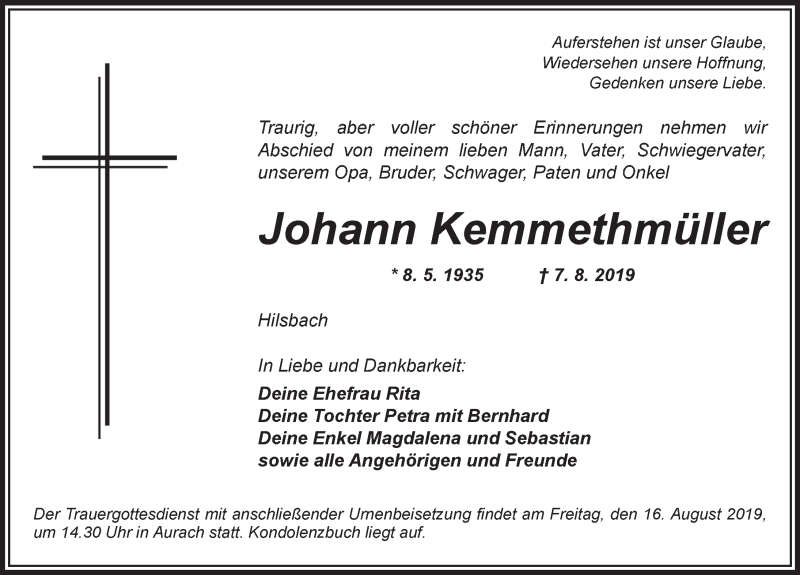  Traueranzeige für Johann Kemmethmüller vom 14.08.2019 aus Dinkelsbühl/ Feuchtwangen