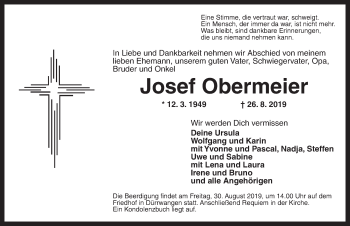 Traueranzeige von Josef Obermeier von Dinkelsbühl/ Feuchtwangen