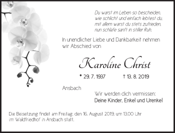 Traueranzeige von Karoline Christ von Ansbach