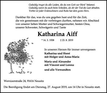 Traueranzeige von Katharina Aiff von Rothenburg (Fränkischer Anzeiger)