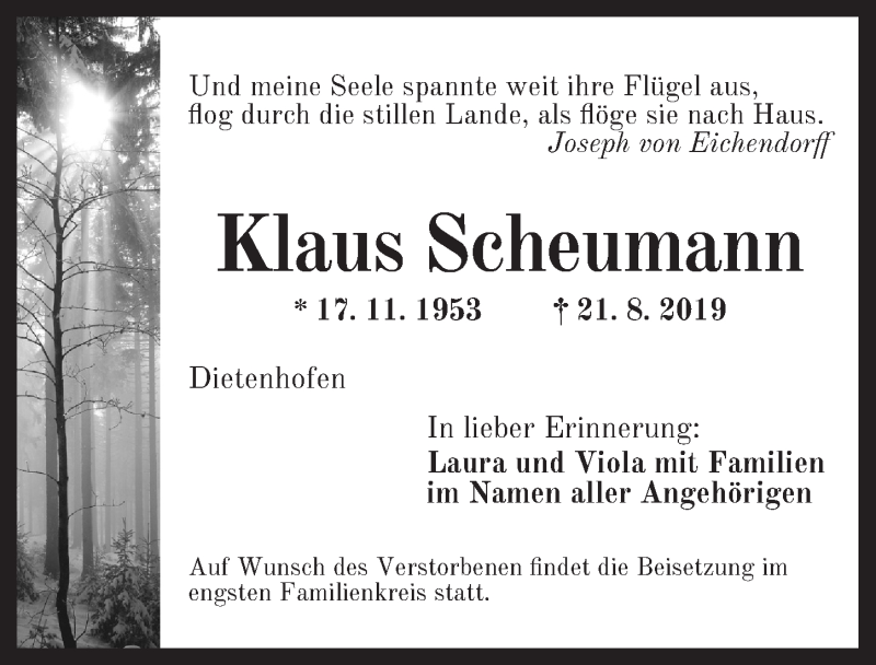  Traueranzeige für Klaus Scheumann vom 31.08.2019 aus Ansbach