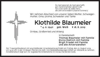 Traueranzeige von Klothilde Blaumeier von Ansbach