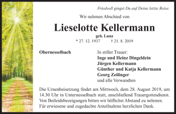 Traueranzeige von Lieselotte Kellermann von Neustadt/ Scheinfeld/ Uffenheim