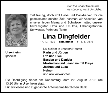 Traueranzeige von Lina Dingfelder von Neustadt/ Scheinfeld/ Uffenheim