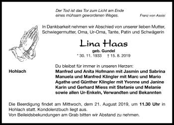 Traueranzeige von Lina Haas von Neustadt/ Scheinfeld/ Uffenheim