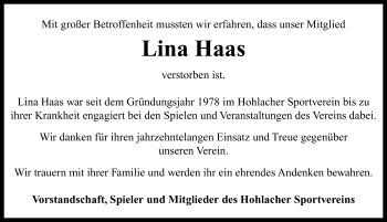 Traueranzeige von Lina Haas von Neustadt/ Scheinfeld/ Uffenheim