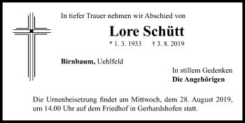 Traueranzeige von Lore Schütt von Neustadt/ Scheinfeld/ Uffenheim