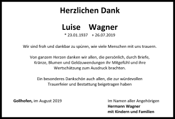 Traueranzeige von Luise Wagner von Neustadt/ Scheinfeld/ Uffenheim