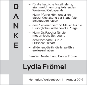 Traueranzeige von Lydia Frömel von Ansbach