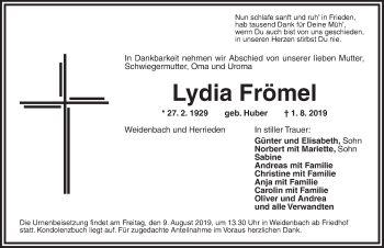 Traueranzeige von Lydia Frömel von Ansbach