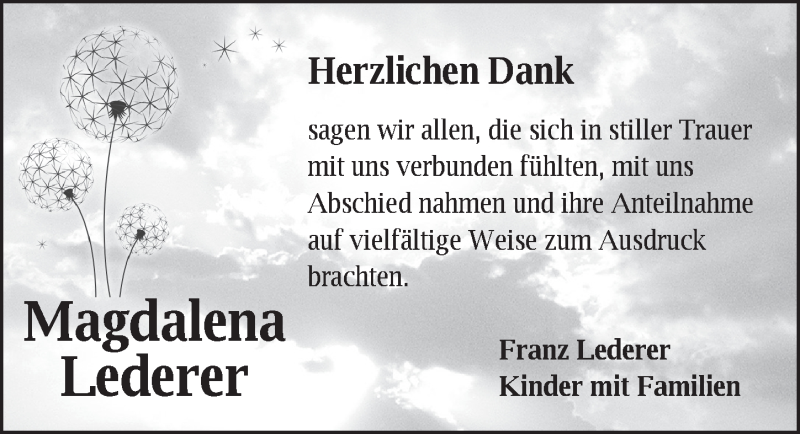  Traueranzeige für Magdalena Lederer vom 03.08.2019 aus Ansbach