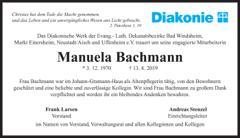 Traueranzeige von Manuela Bachmann von Neustadt/ Scheinfeld/ Uffenheim