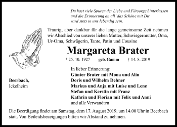 Traueranzeige von Margareta Brater von Neustadt/ Scheinfeld/ Uffenheim