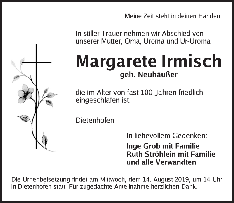  Traueranzeige für Margarete Irmisch vom 10.08.2019 aus Ansbach