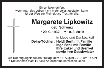 Traueranzeige von Margarete Lipkowitz von Ansbach