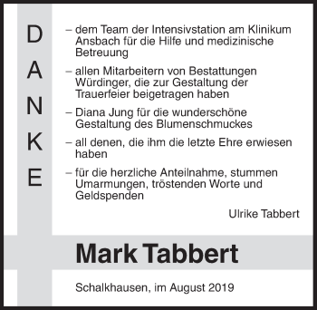 Traueranzeige von Mark Tabbert von Ansbach