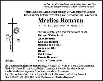 Traueranzeige von Marlies Homann von Gesamtausgabe