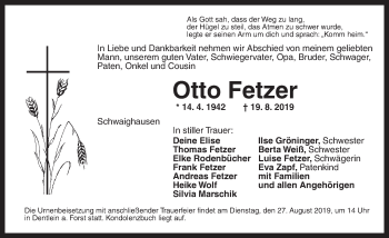 Traueranzeige von Otto Fetzer von Dinkelsbühl/ Feuchtwangen