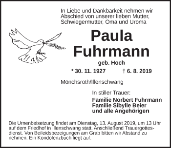 Traueranzeige von Paula Fuhrmann von Dinkelsbühl/ Feuchtwangen