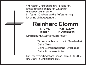Traueranzeige von Reinhard Glomm von Dinkelsbühl/ Feuchtwangen