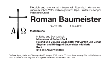 Traueranzeige von Roman Baumeister von Ansbach