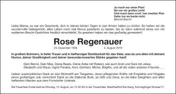 Traueranzeige von Rose Regenauer von Gesamtausgabe